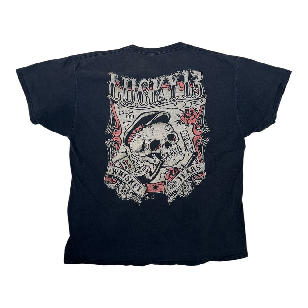 Lucky Thirteen T-Shirt Mens XL Black "Whiskey and Tears" Skull Tattoo